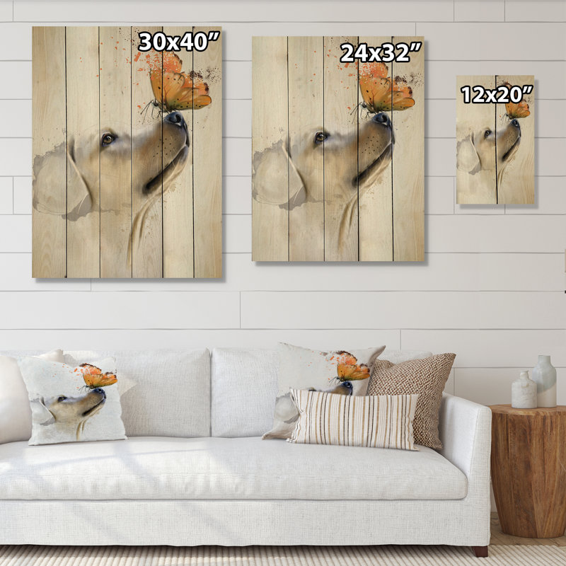 Golden retriever avec papillon - peinture sur, H 40 po x l 30 po x P 1 po