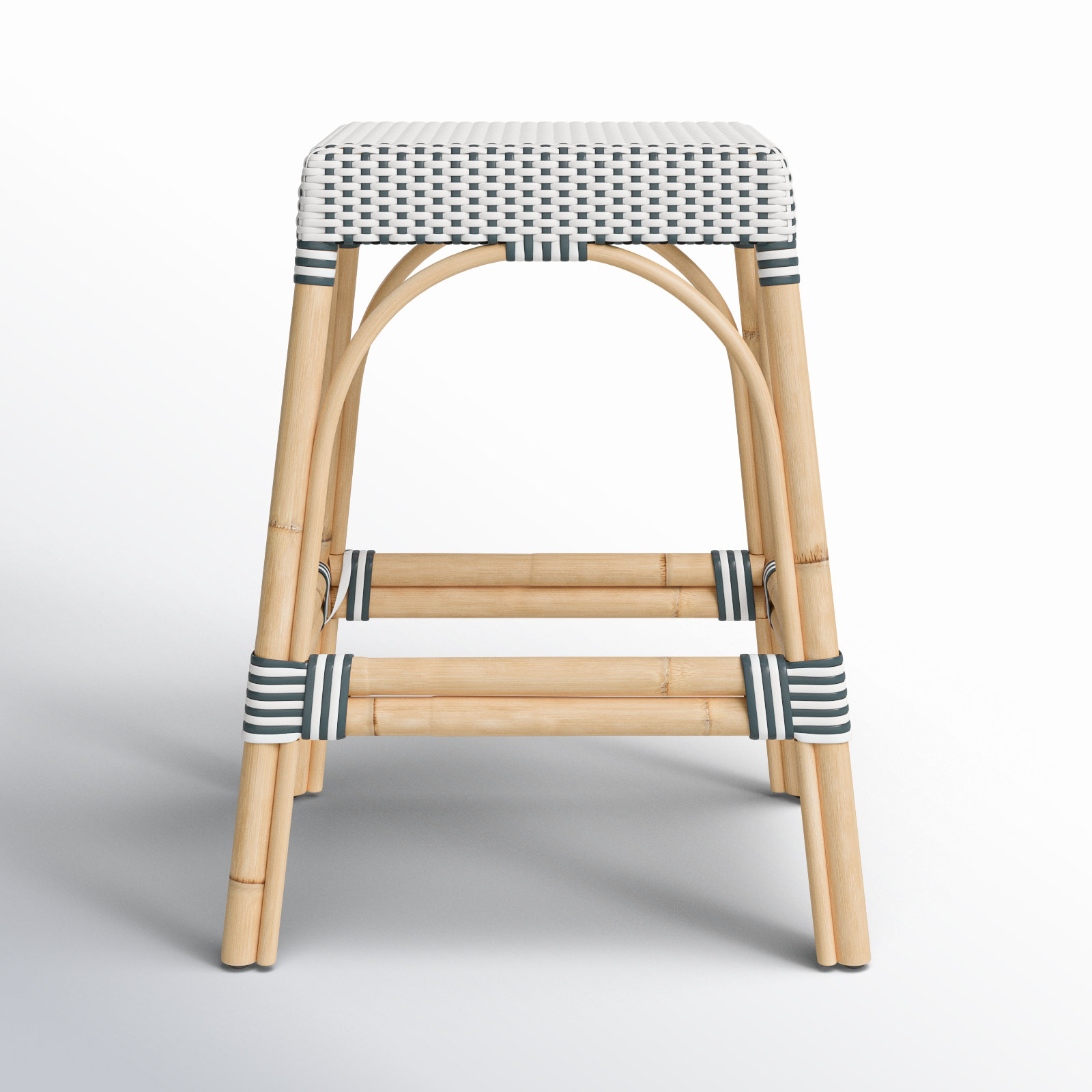 Lennart Bar Stool, White/Navy Dot/ Natural Rattan Frame, Counter Stool (24.5" Seat Height)