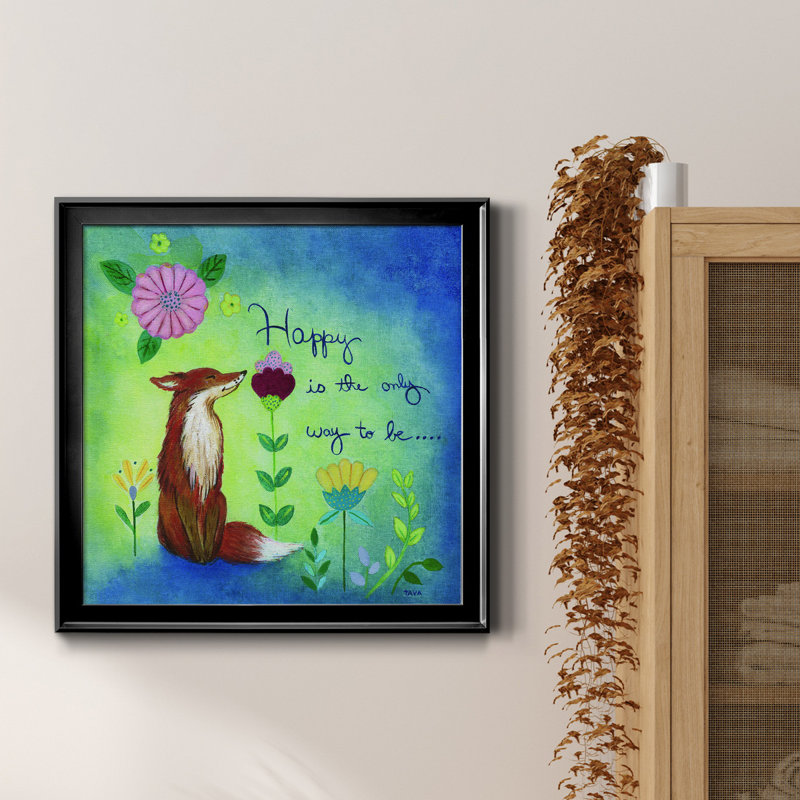 Happy Fox - peinture sur toile encadrée, H 30,5 po x l 30,5 po x P 1,5 po, Cadre noir