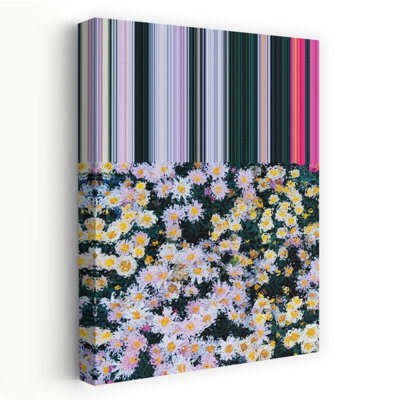 Floral Symmetry - Contemporary Striped Glitch Pixelated Effect Daisy Field Art