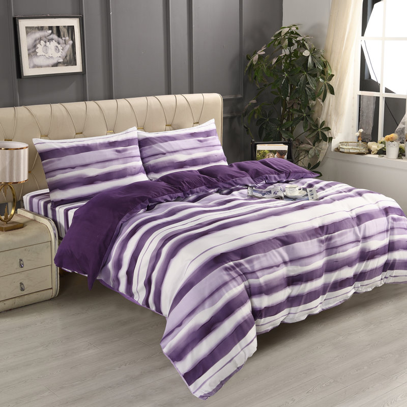 Bliss Complete Bedding Set Purple Stripe Duvet Cover Fitted Sheet With Matching Pillow Case