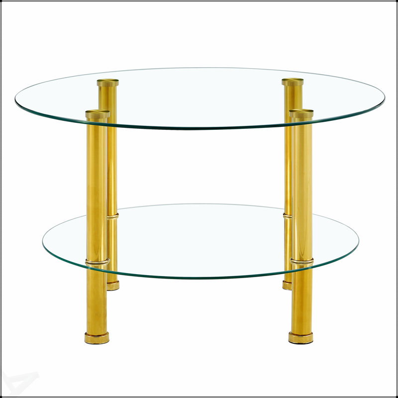 Table basse contemporaine en verre trempé à double couche - plateau et bas renforcés, pieds plaqués or en acier inoxydable.
