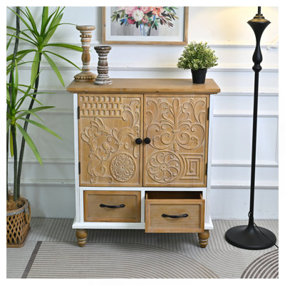 31.5" Accent Solid Wooden Flower Carved Door Sideboard Cabinet with 2 Drawers , Rustic Handmade Distressed Cabinet for Kitchen, Dining Room, Living Room