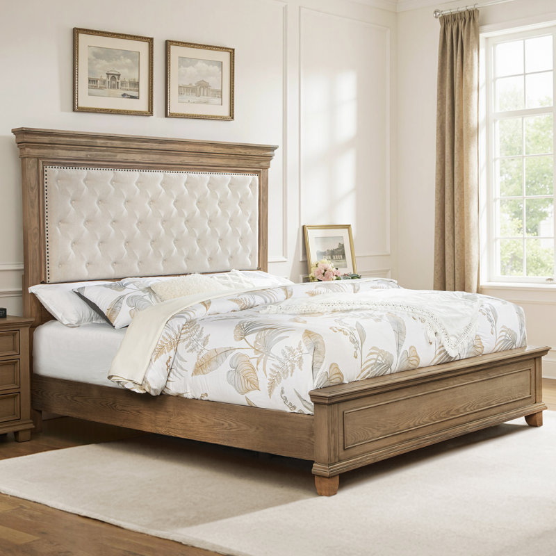 Deines Mid-century Solid Wood Bed Frame with Upholstered Chenille Headboard, Queen