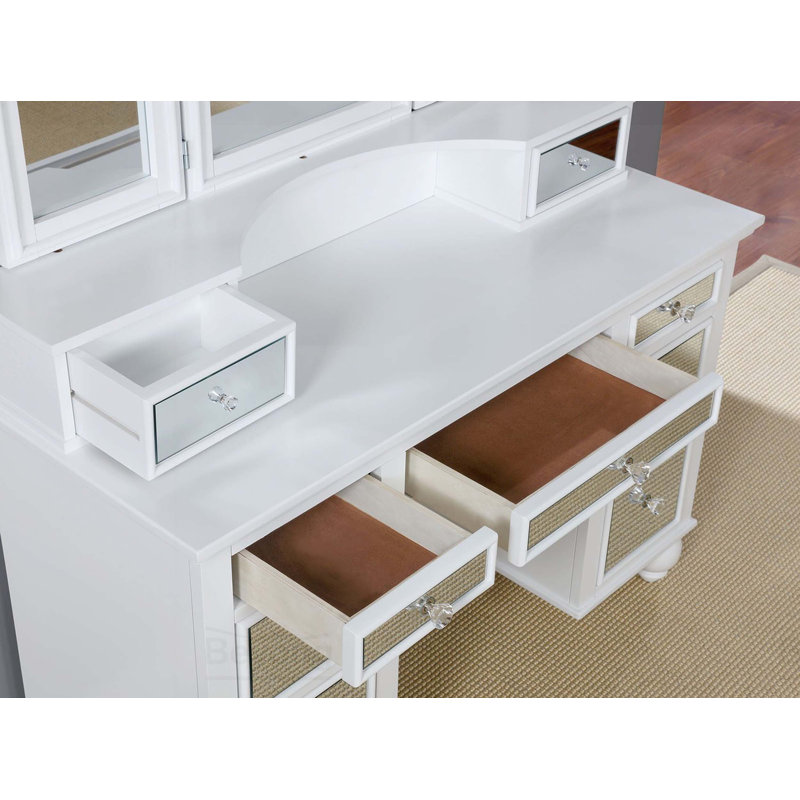 Ensemble de meuble-lavabo 1 pièce blanc avec tabouret et 3 tiroirs de rangement avec miroir, Blanc