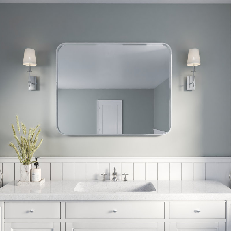 Élégant miroir encadré en aluminium avec coin arrondi pour une décoration intérieure élégante, 32 po x 40 po, Argent argent