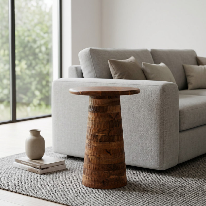 Hand-Carved Solid Wood Accent Round Top End Table, Natural