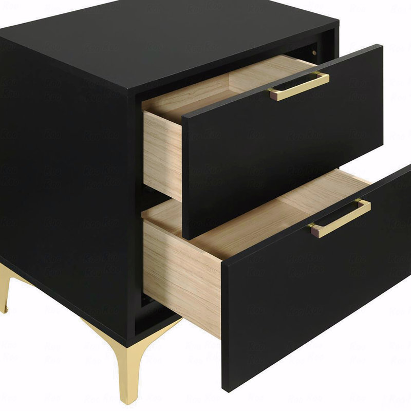 Black And Gold 2-Drawer Rectangular Nightstand, Black