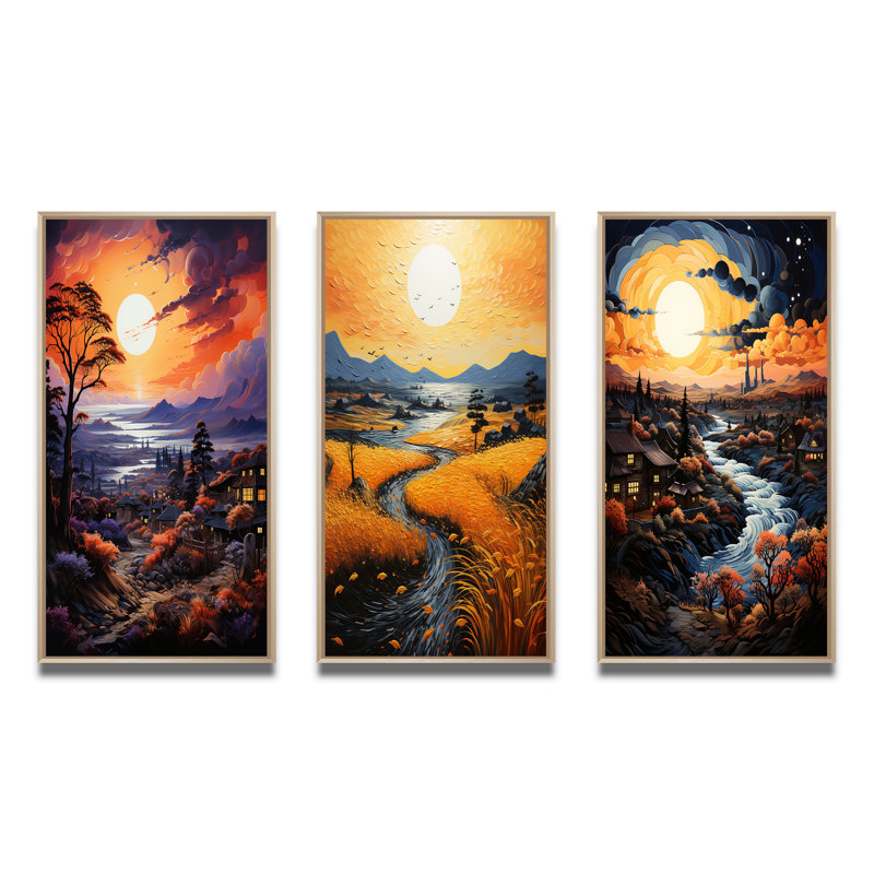 «Vangogh Village At Sunset I», 3 pièces sur toile, Encadré naturel, H 20 po x l 36 po