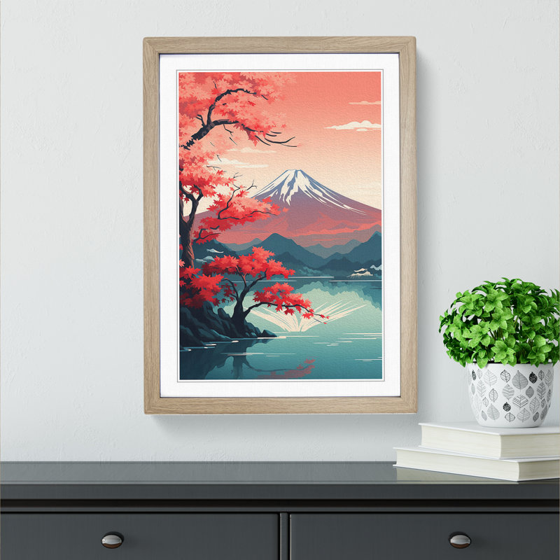 Mount Fuji Art Deco No.2 - Single Picture Frame Print on Wood, 46cm H x 34cm W x 2cm D, Oak Framed