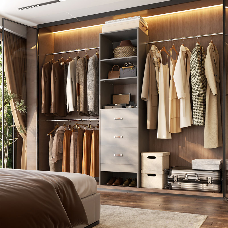 21"-96" Closet System With 3 Drawers And 3 Rods(Can Be Cut To Fit), Gray
