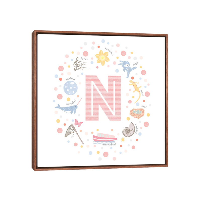 Lettre N rose illustrée, H 26 po x l 26 po x P 1,5 po, Toile avec cadre brun, Pas de tapis