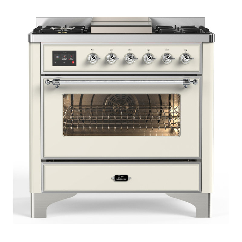 Majestic III Series 36 Inch Dual Fuel Range with 6 Sealed Burners, Griddle, in Glossy Black (Natural Gas, Brass Trim), Chrome