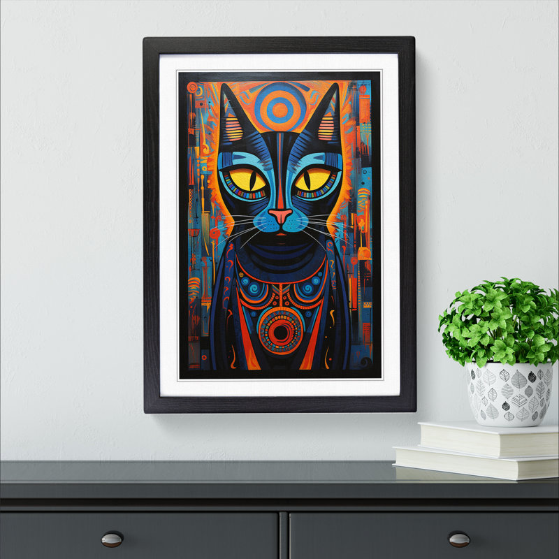 XYZ-FRM-V1223-615 Egyptian Cat Modern - Single Picture Frame Print on Wood, Black, 64cm H x 46cm W x 2cm D