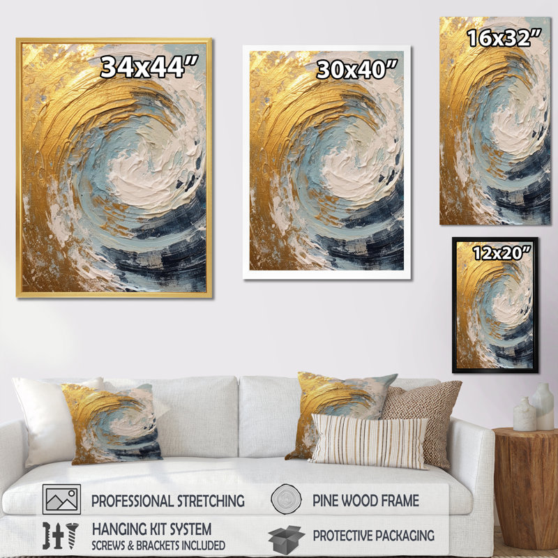 Nébuleuse spirale dorée et bleue, H 32 po x l 16 po x P 1 po, Cadre flottant doré