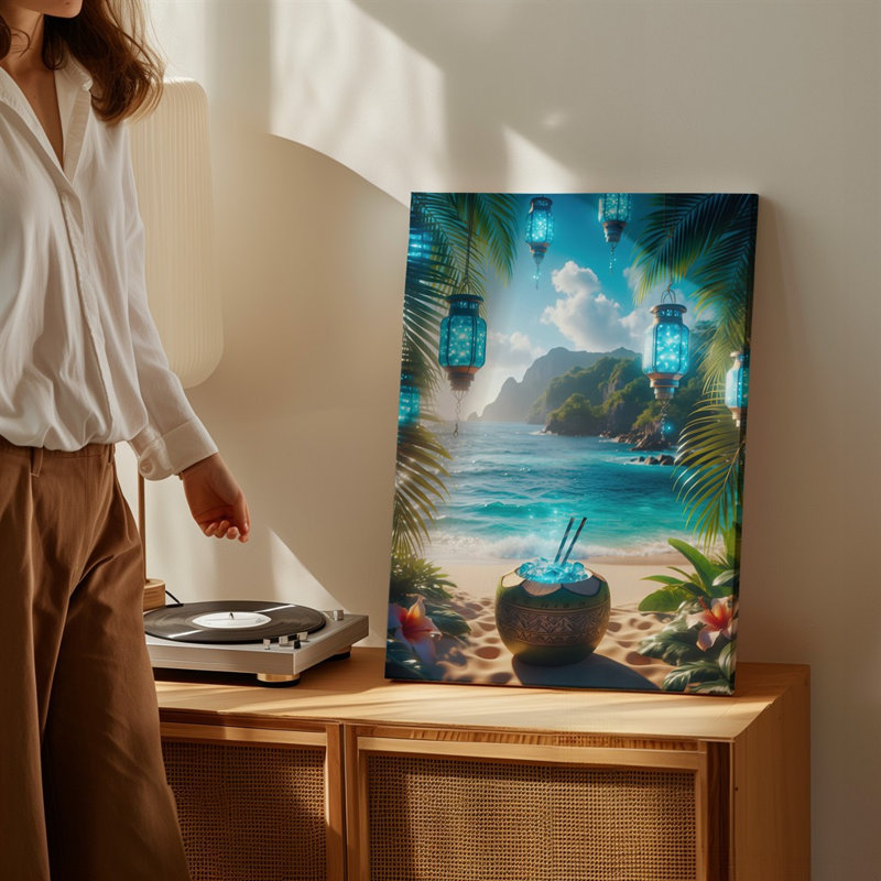 Toile une scène tropicale vibrante avec une grande tasse d'art de noix de coco au design complexe, remplie de glace, ornée d'une toile bleue brillante