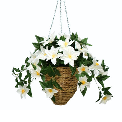 31" White Clematis in Natural Hyacinth Basket