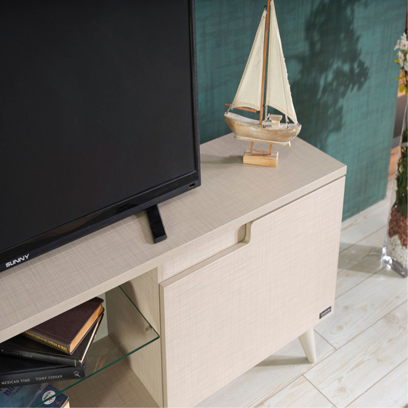Meuble télé Mid-Century 2 armoires 2 portes 1 tablette en verre, Beige