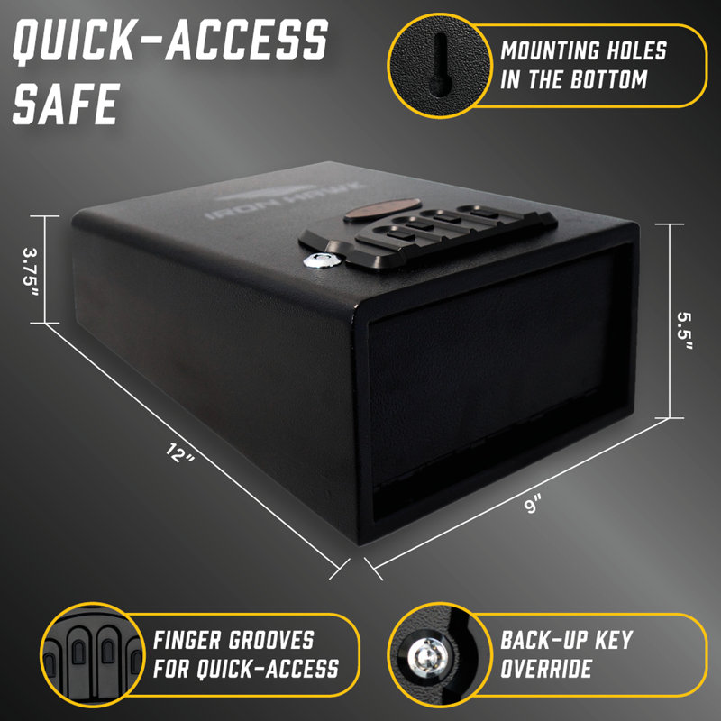 Quick Access Matte Black Steel Small Vault, 11.82 In. Depth, 9.07 Width, 5.42 Height, 7.18 Lb
