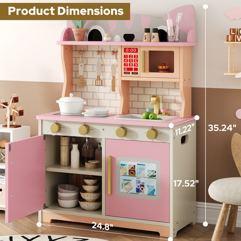 Wooden Play Kitchen For Ages 3-8 Babies, Cat Design Kitchen Playset With Microwave, Stove, Sink, Clicking Knobs, Kids Children Pretend Toy For Boys And Girls, Pink