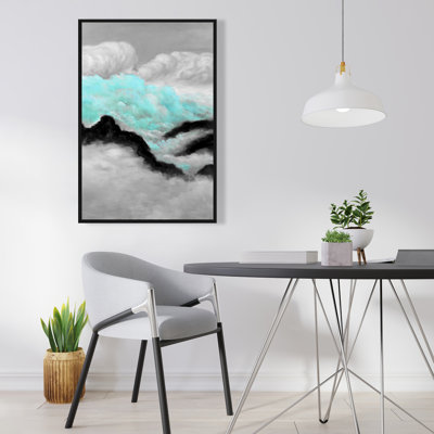 Gris et bleu nuages - décor de toile encadrée de salon blanc