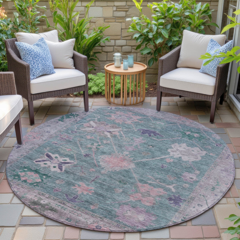 Machine Washable Indoor/Outdoor Xhevrie Green Rug, Round 8'