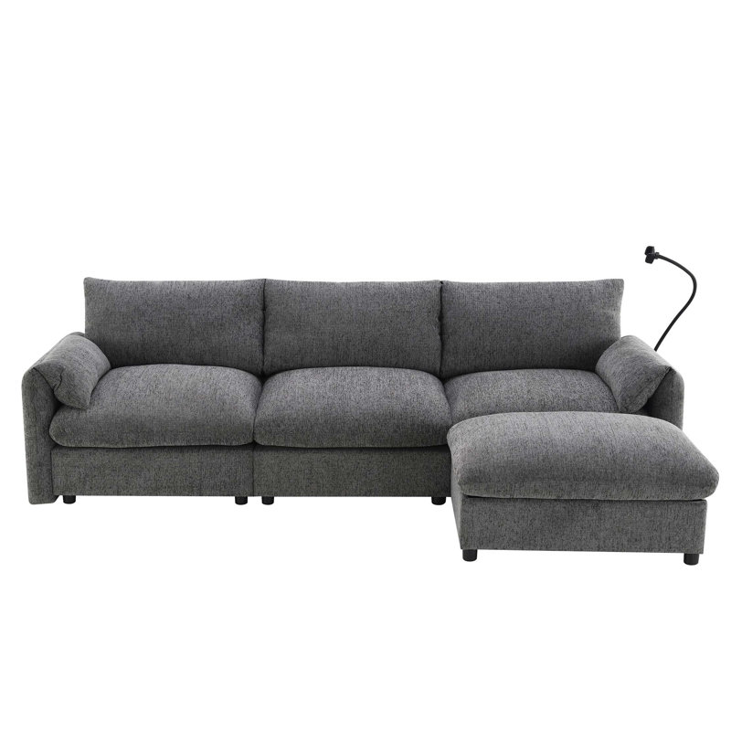 Canapé modulaire en forme de L de 96,5 po avec repose-pieds et poches de rangement, support de téléphone réglable, chargeur USB, accoudoirs éléphants en forme d'oreille, siège confortable pour le salon et appartement, chenille