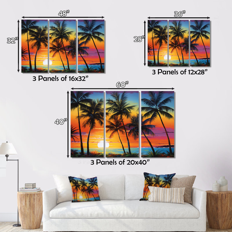 «Colorful Bold Palm Trees Landscape IV - Palmiers et palmiers», art encadré, H 16 po x l 32 po x P 1 po, Encadrement argenté