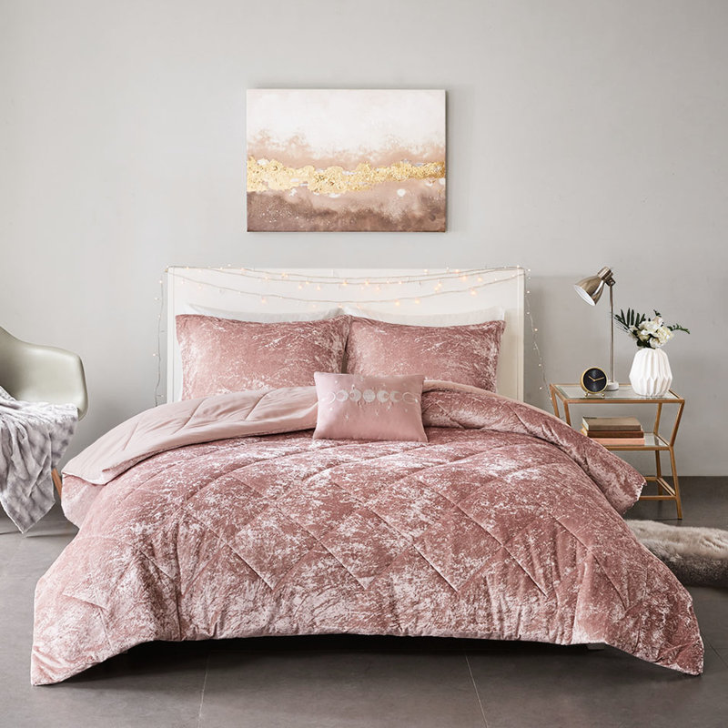 Literie en velours rose poudré pour lit simple/simple XL - Motif diamant - Comprend une couette et un oreiller lavables à la machine. Convient aux lits nécessitant un lavage et un repassage faciles.