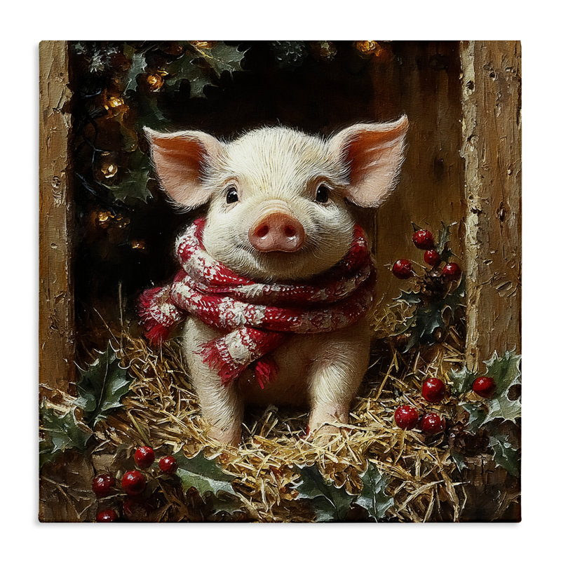 Cochon avec toile de guirlandes des Fêtes, design par Riley B, H 17 po x l 17 po