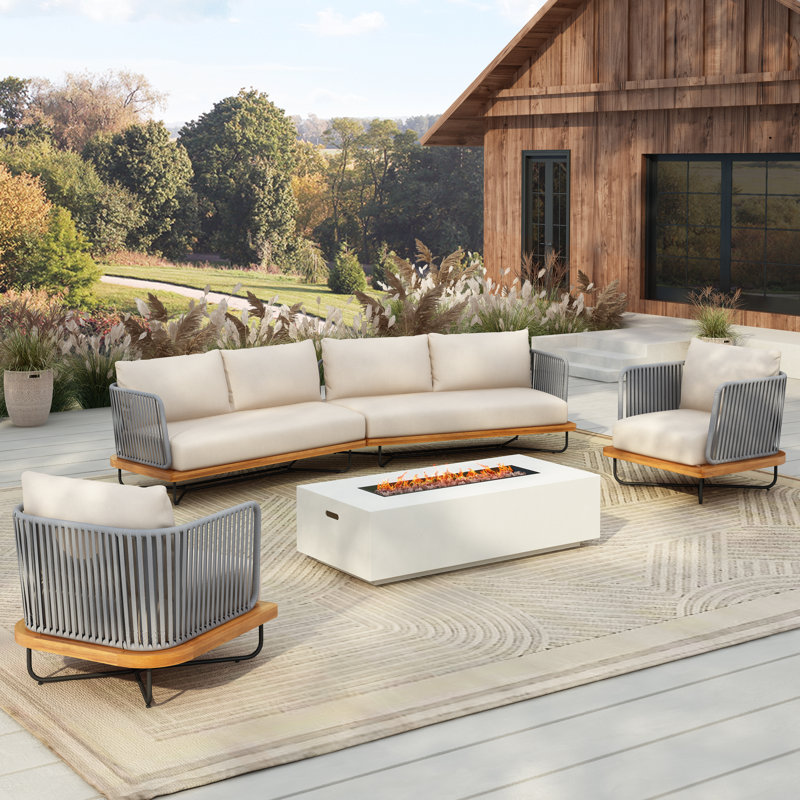 Braylon Outdoor 4-Piece Acacia Wood Woven Rope Conversation Set With Cushions (Table Not Included)