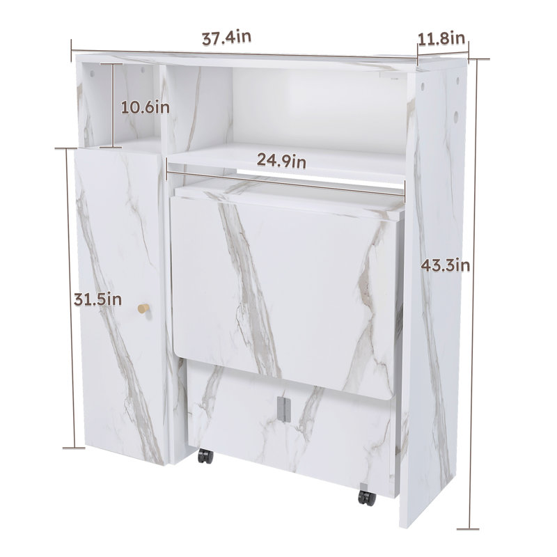Multifunctional Extendable Folding Dining Table With Wheels, Movable Drop Leaf Dining Table With Wall-Mounted Sideboard & Storage, Space Saving Rectangle Collapsible Table For Small Apartments, Kitchen, Living Room, White