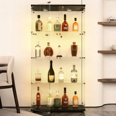 Vitrine en verre trempé avec lumières, noir, pour le rangement du vin et des dossiers, stabilité des pieds réglables, équilibre et support stable sur fond irrégulier noir inclus