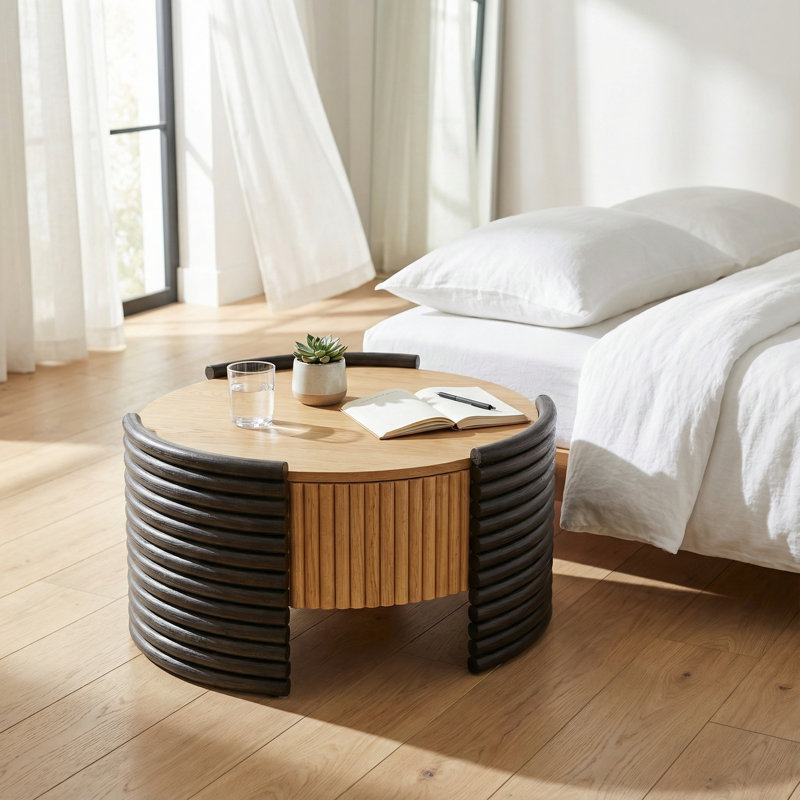 Table basse moderne avec plateau de rangement à rayures colorblock avec finition en bois naturel