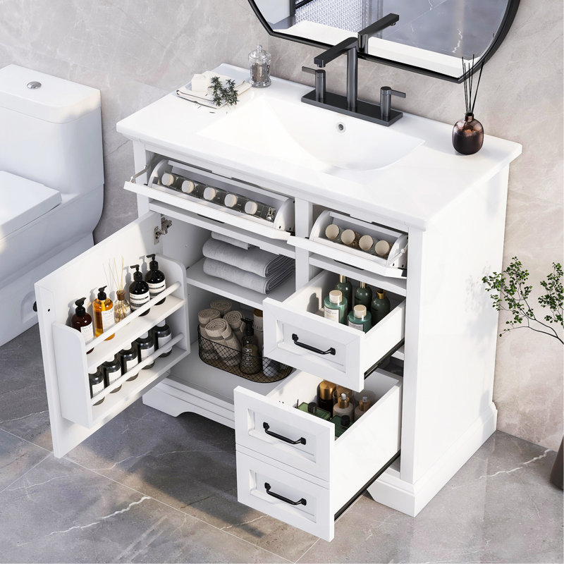 36" Bathroom Vanity With Sink, Ceramic Sink, 2 Tip-Out Drawers, Soft Close Door Hinges, White, White