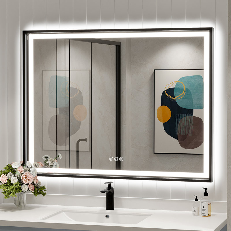 Miroir de salle de bain super lumineux, 36 po x 24 po, Noir, noir, noir, noir