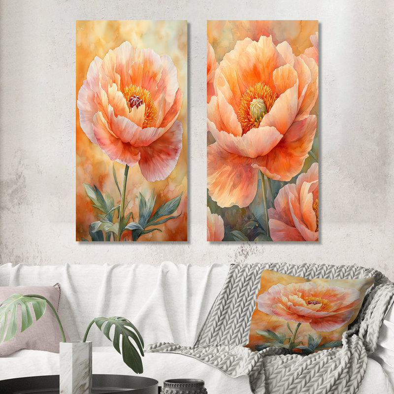Golden pivoine I - Collection d'art sur toile floral 2 pièces, Toile tendue, H 32 po x l 33 po