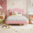 Bed with Scallop Headboard, Upholstered Bed Frame for Kids, Velvet Princess Platform Bed for Girls, Solid Wood Slats Support-388932267-388932309