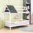 Twin-Size Wood House Bed With Roof And Fence-1503175079