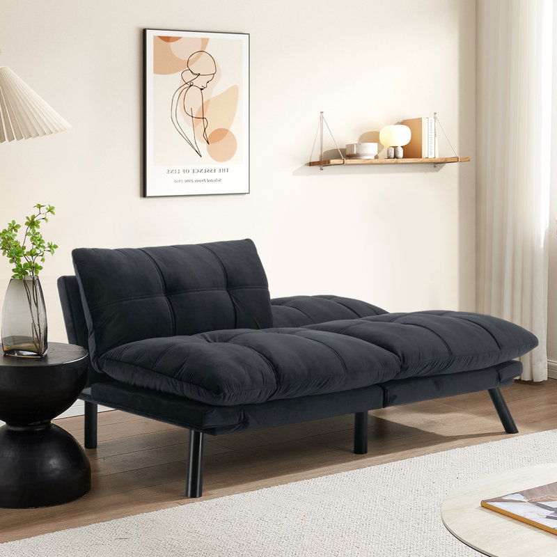 Canapé-lit futon en velours de 70,9 pouces avec dossier et accoudoirs ajustables, Velours noir