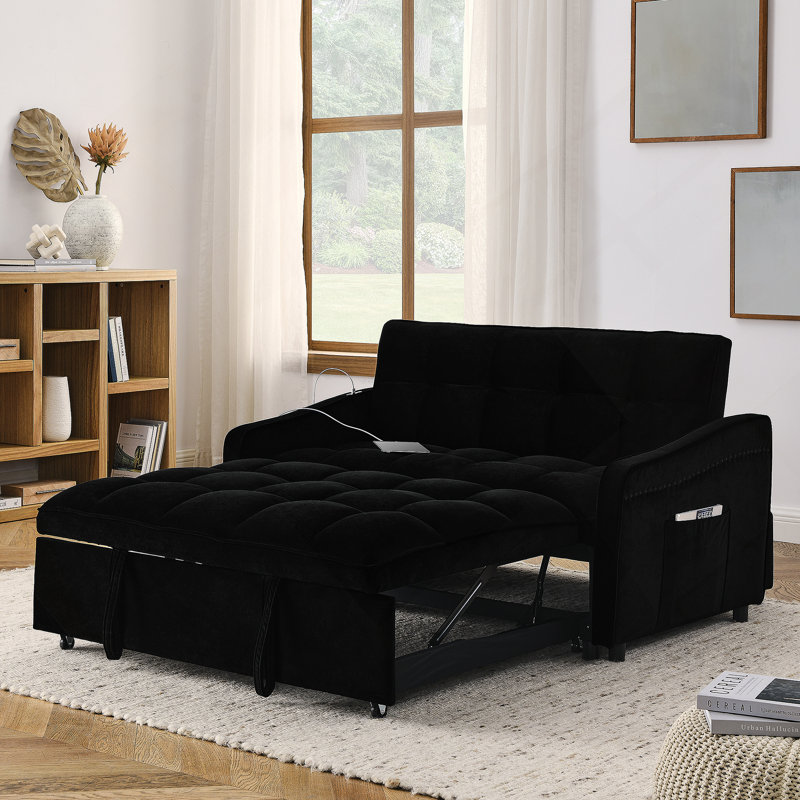 Murphy Sofa Bed Loveseat with Adjustable Tufted Back and USB Outlet, Velvet Black, 31" H x 47" W x 36.5" D
