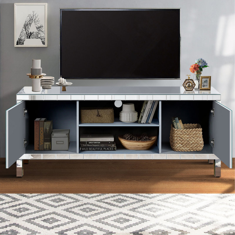 Meuble télé en miroir pour téléviseur de 65 pouces et plus, console de télévision avec rangement ouvert et 2 armoires de rangement, portes de miroir en forme de M pour le salon