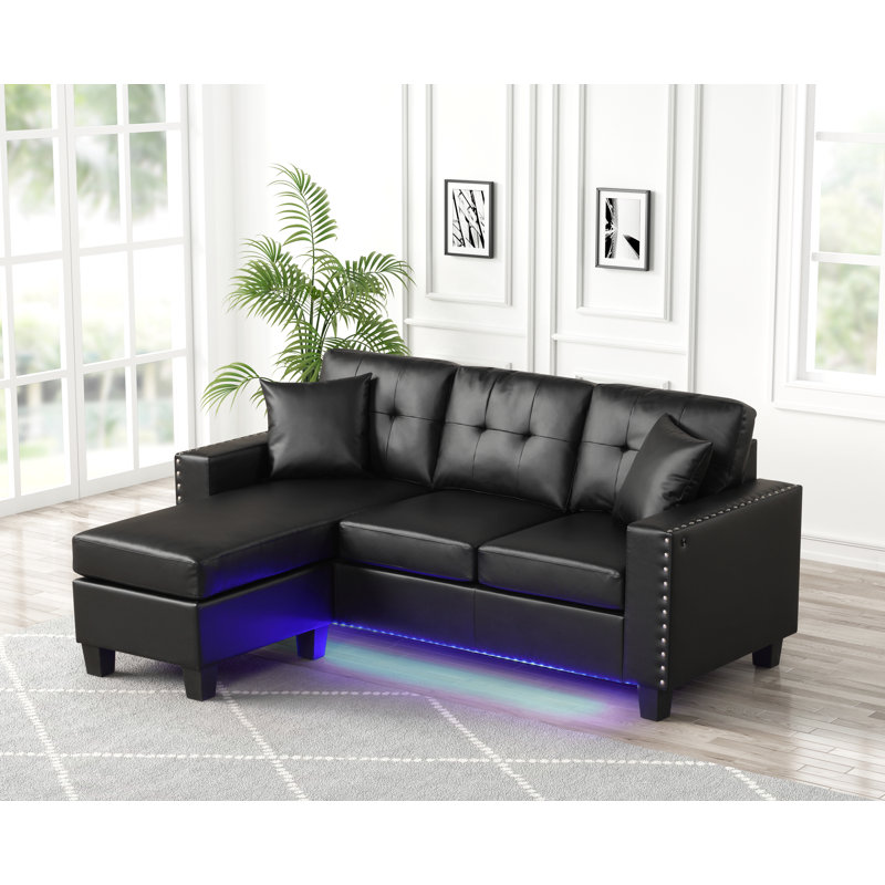 Sorenza 74"W Black Pvc Reversible Sectional Sofa Chaise With Led Light, Usb Port, Nailhead Trim, Throw Pillows, Tufted Cushion