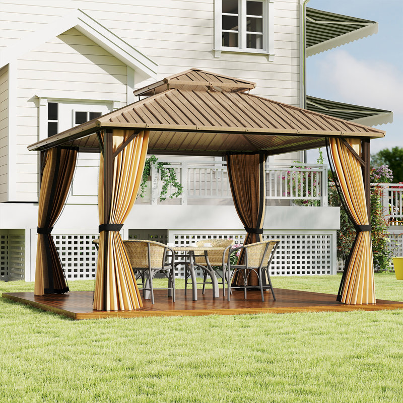 Pavillon de jardin 12 po x 12 pi avec toit en métal galvanisé robuste à double toit, H 117 po x l 144 po x P 144 po
