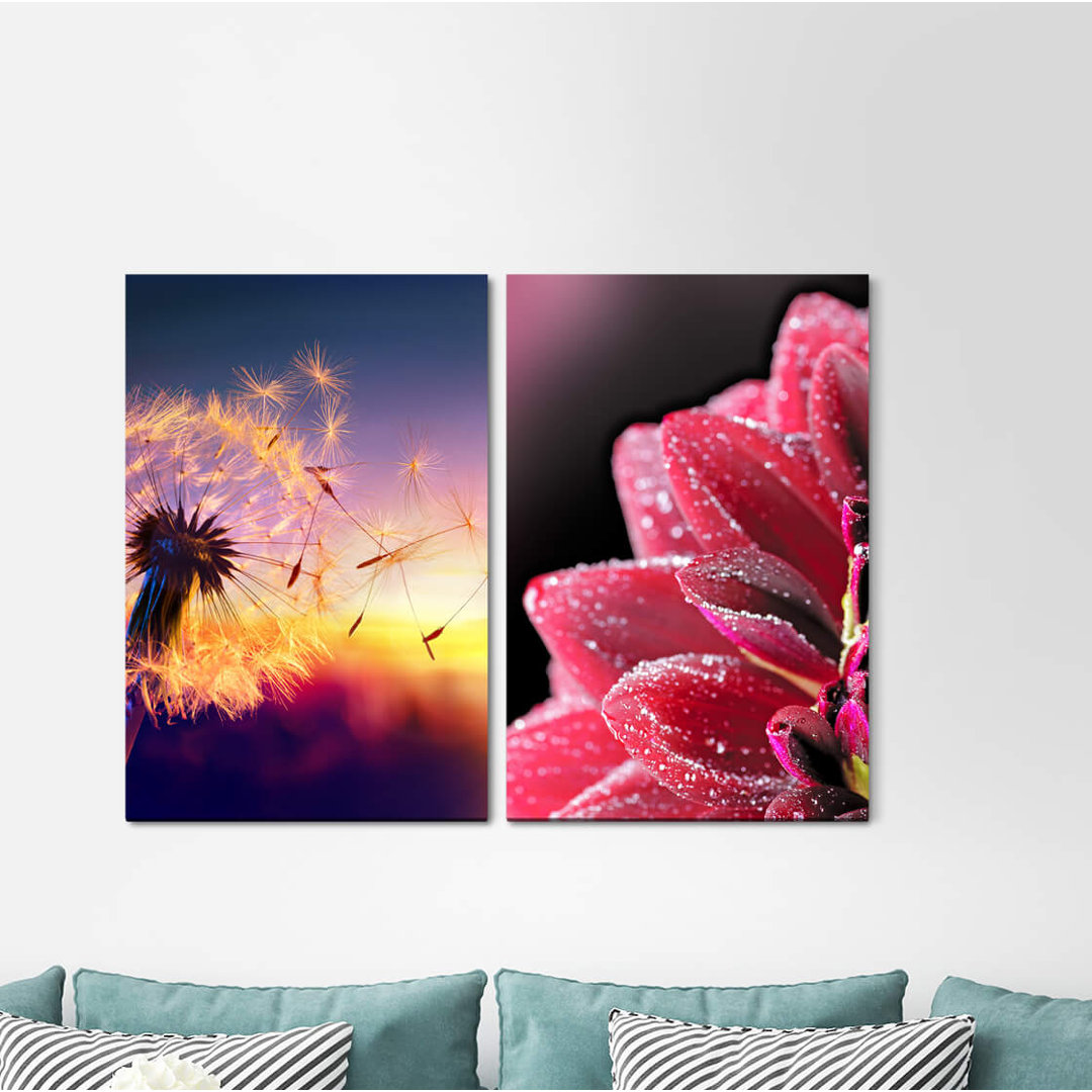 2-tlg. Leinwandbilder-Set - Fotografie „Blowball Summer Zinnias Flower Blossom Sunset”