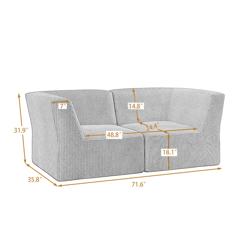 Canapé modulaire rembourré en velours côtelé 2 pièces Berlare Boneless - entièrement comprimé, aucun assemblage requis, Gris