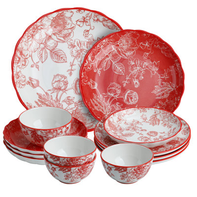 12-Piece Rose Queen Dinnerware Set, Porcelain Plates With Red & White Design, Service For 4, Microwave And Dishwasher Safe