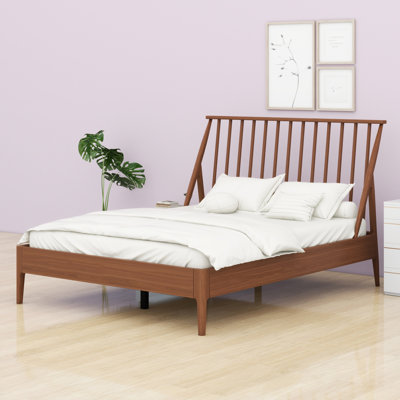 Wood Spindle Platform Bed With Tall Headboard, With Wooden Slats And Metal Support, Mid-Century Modern Style
