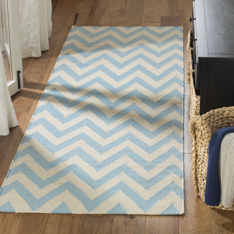 Tapis bleu / ivoire en laine et coton tissé à la main Rodgers, Tapis de couloir 2 pi 6 po x 10 pi