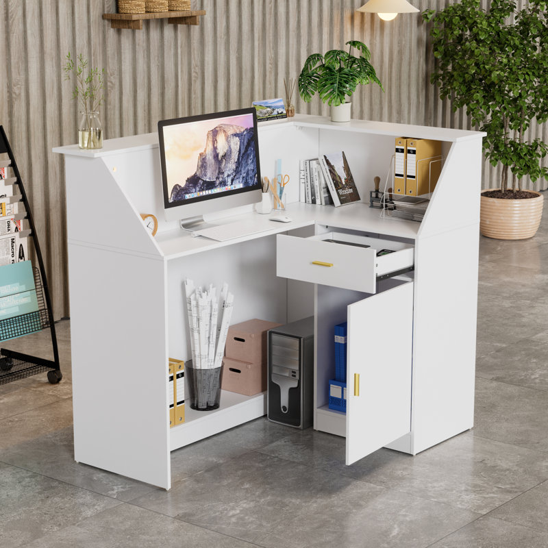 Bureau de réception en L avec présentoir en verre éclairé et classeur - Comptoir de réception moderne pour les bureaux, les salons et les halls d'entrée